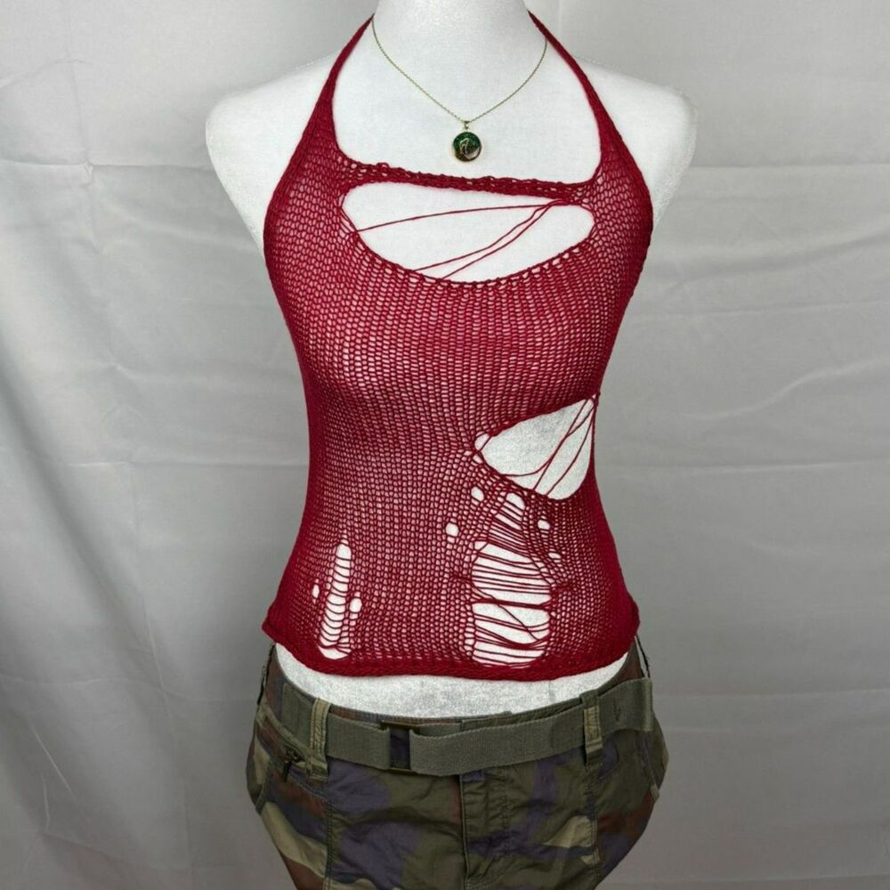 Crochet Hollow Out Deep Red Halter Top - S